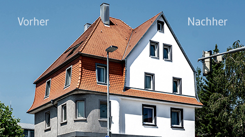 Haus freistehend. Links alte Fassade vor dem Anstrich. Rechts neue Fassade nach dem Anstrich mit CASUBLANCA Fassadenfarbe.